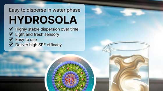 물에 안정하게 분산되는 자외선 차단제, HYDROSOLA로 가볍고 끈적임 없는 선케어, 손쉽게 만드세요.